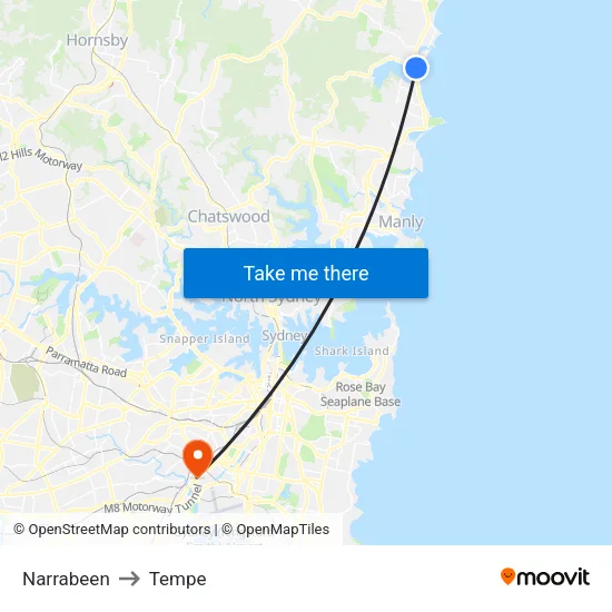 Narrabeen to Tempe map