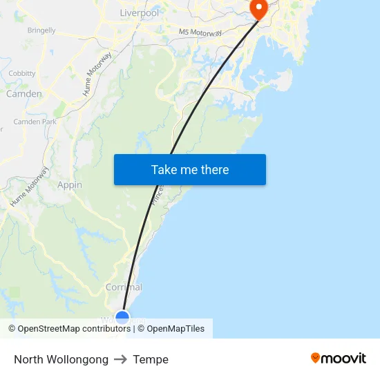 North Wollongong to Tempe map