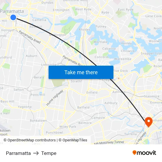 Parramatta to Tempe map