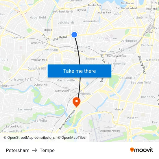Petersham to Tempe map