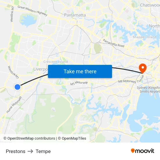 Prestons to Tempe map