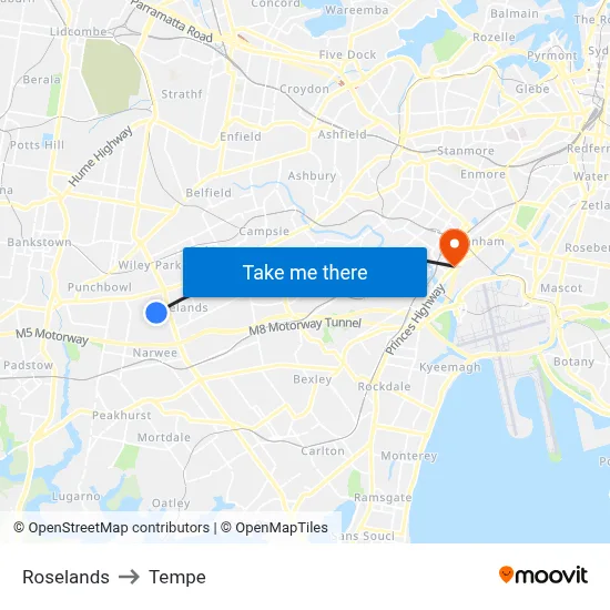 Roselands to Tempe map