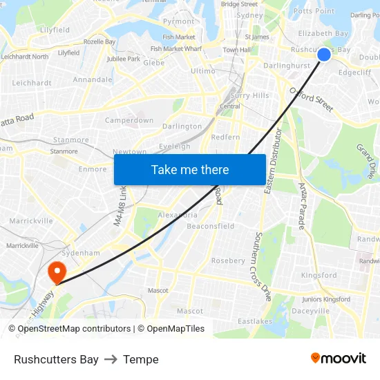 Rushcutters Bay to Tempe map