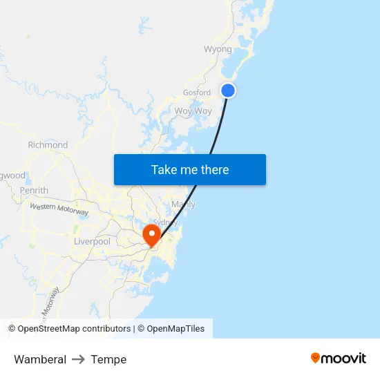 Wamberal to Tempe map