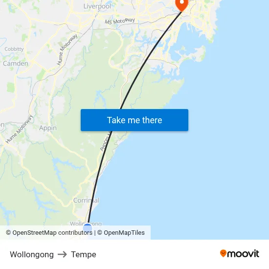 Wollongong to Tempe map
