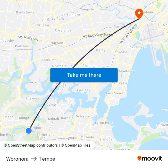 Woronora to Tempe map