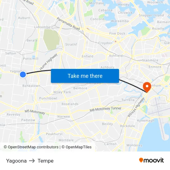 Yagoona to Tempe map