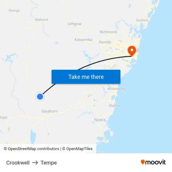 Crookwell to Tempe map