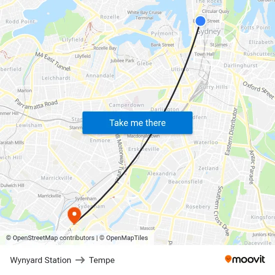 Wynyard Station to Tempe map