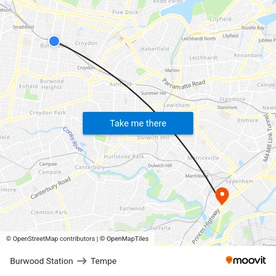 Burwood Station to Tempe map