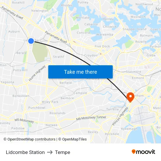 Lidcombe Station to Tempe map