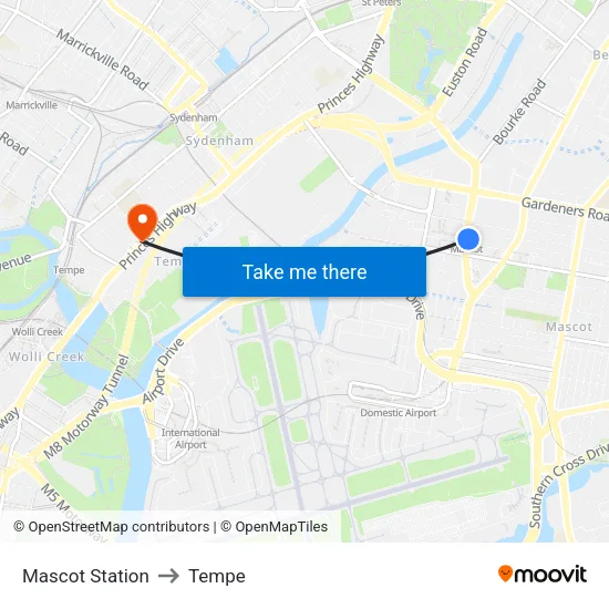 Mascot Station to Tempe map