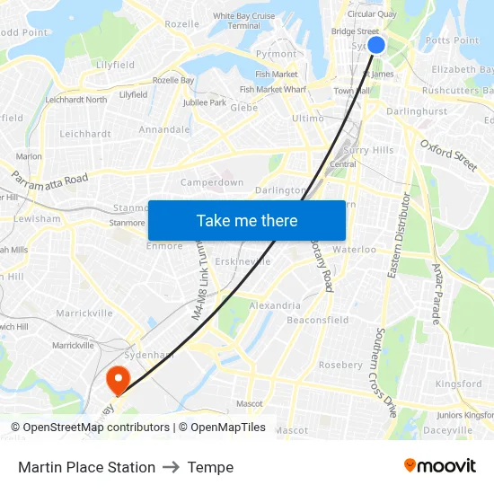 Martin Place Station to Tempe map
