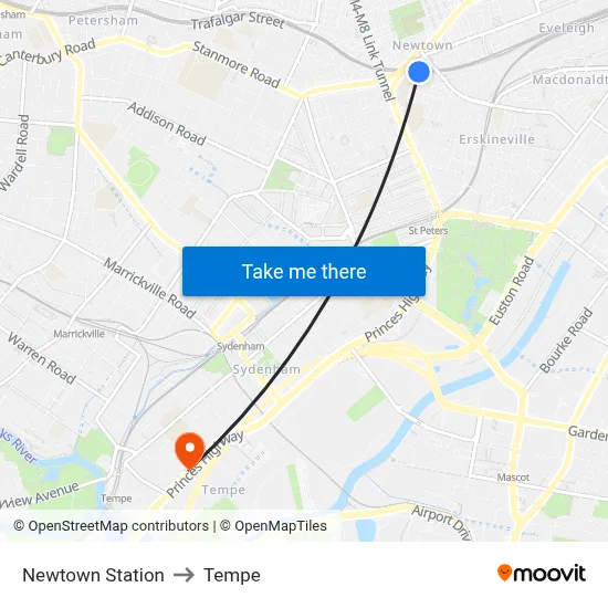 Newtown Station to Tempe map