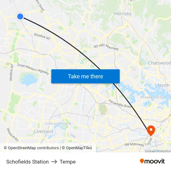 Schofields Station to Tempe map