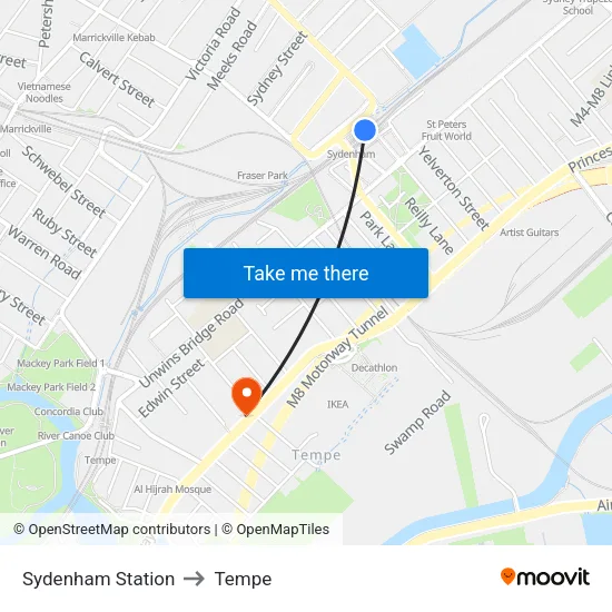 Sydenham Station to Tempe map