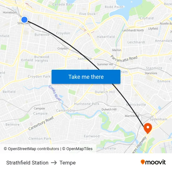 Strathfield Station to Tempe map