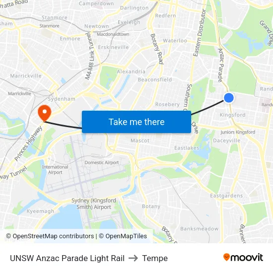 UNSW Anzac Parade Light Rail to Tempe map