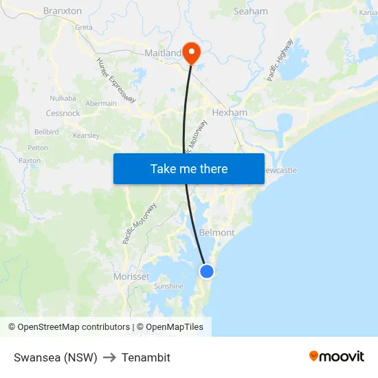 Swansea (NSW) to Tenambit map