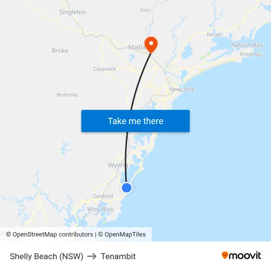 Shelly Beach (NSW) to Tenambit map