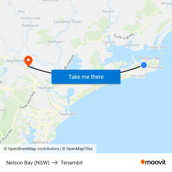 Nelson Bay (NSW) to Tenambit map