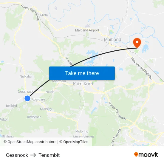 Cessnock to Tenambit map