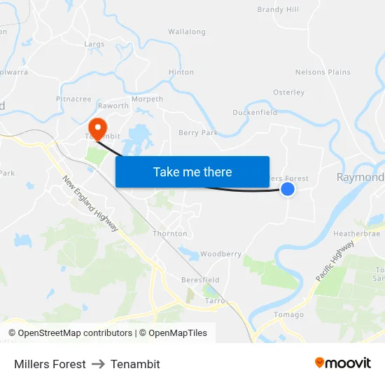Millers Forest to Tenambit map