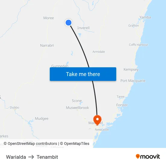 Warialda to Tenambit map