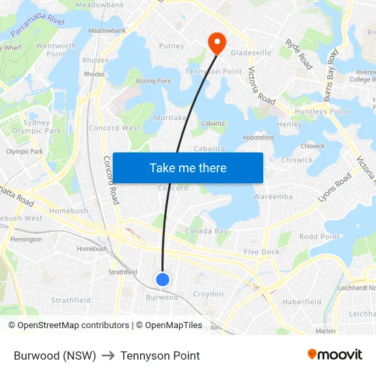 Burwood (NSW) to Tennyson Point map