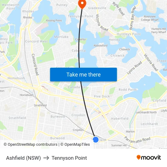 Ashfield (NSW) to Tennyson Point map