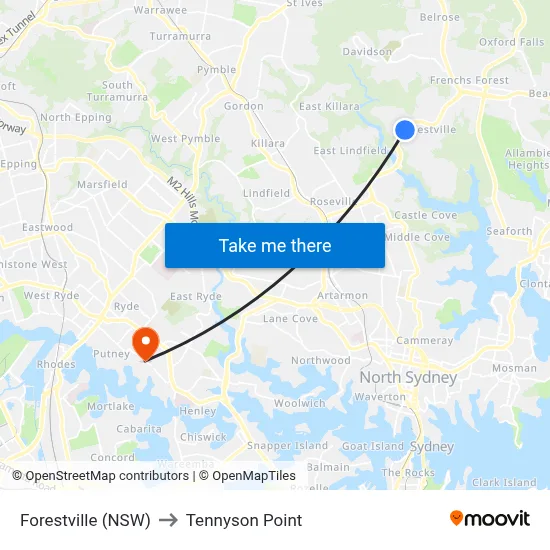 Forestville (NSW) to Tennyson Point map