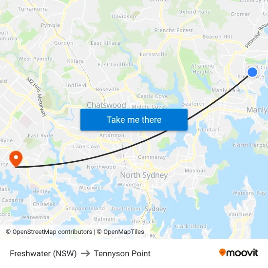 Freshwater (NSW) to Tennyson Point map