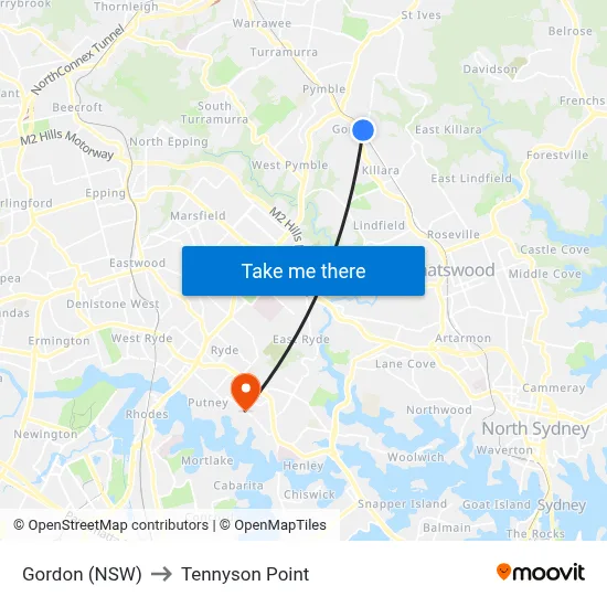 Gordon (NSW) to Tennyson Point map