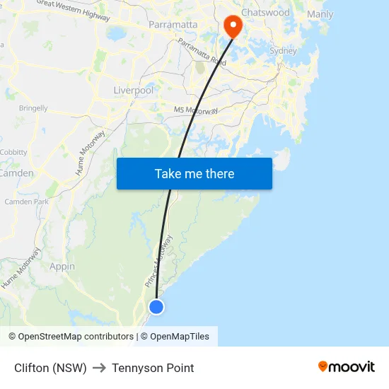 Clifton (NSW) to Tennyson Point map