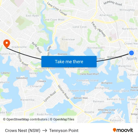 Crows Nest (NSW) to Tennyson Point map