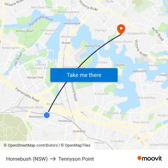 Homebush (NSW) to Tennyson Point map