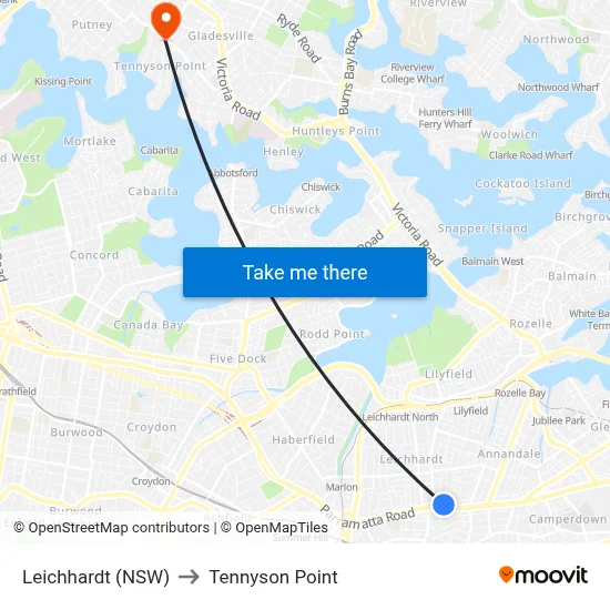 Leichhardt (NSW) to Tennyson Point map