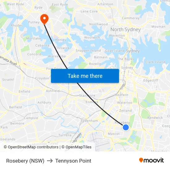 Rosebery (NSW) to Tennyson Point map