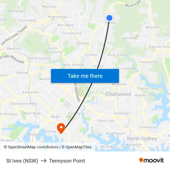 St Ives (NSW) to Tennyson Point map