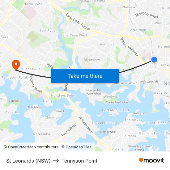 St Leonards (NSW) to Tennyson Point map