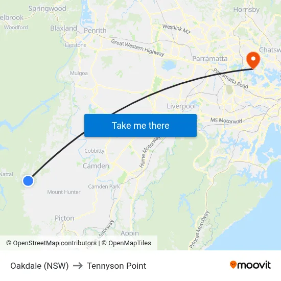 Oakdale (NSW) to Tennyson Point map
