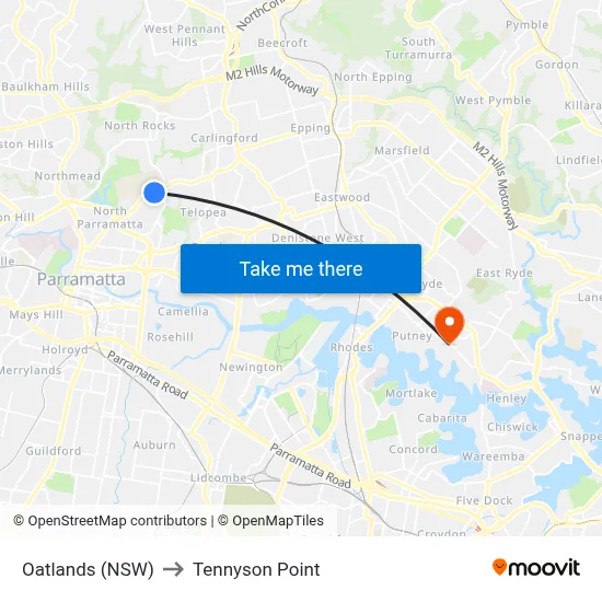 Oatlands (NSW) to Tennyson Point map