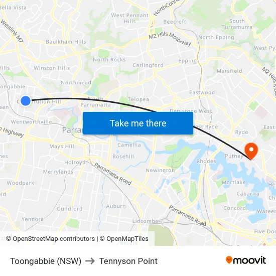 Toongabbie (NSW) to Tennyson Point map
