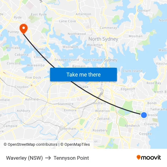 Waverley (NSW) to Tennyson Point map