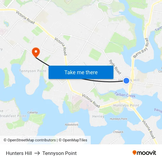 Hunters Hill to Tennyson Point map