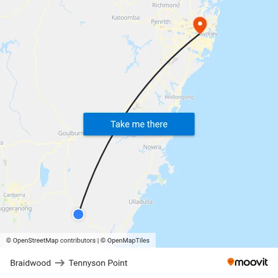 Braidwood to Tennyson Point map