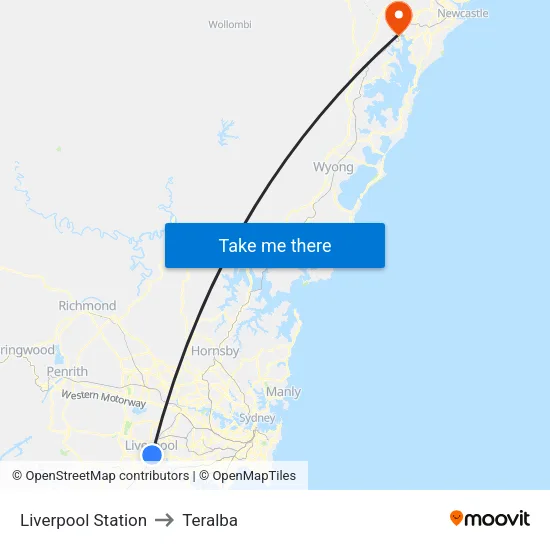 Liverpool Station to Teralba map