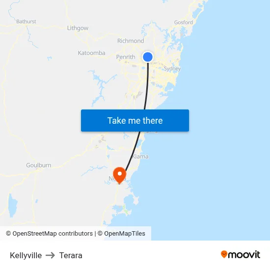 Kellyville to Terara map