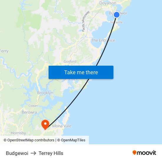 Budgewoi to Terrey Hills map