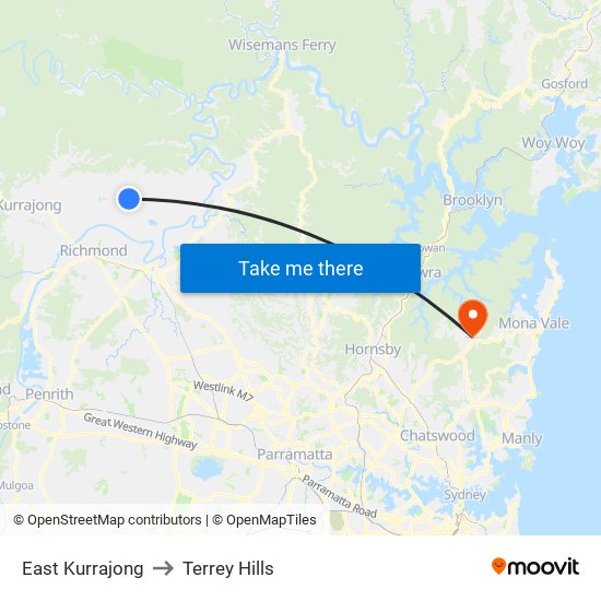 East Kurrajong to Terrey Hills map